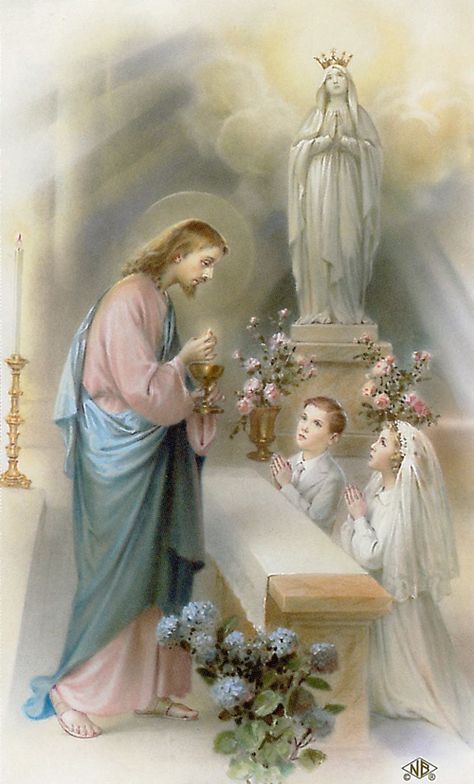 First Holy Communion. Communion Prayer, Catholic Sacraments, Catholic Wallpaper, Our Father Who Art In Heaven, Vintage Holy Cards, Jesus And Mary Pictures, Catholic Images, Christian Quotes God, Jesus Christ Images