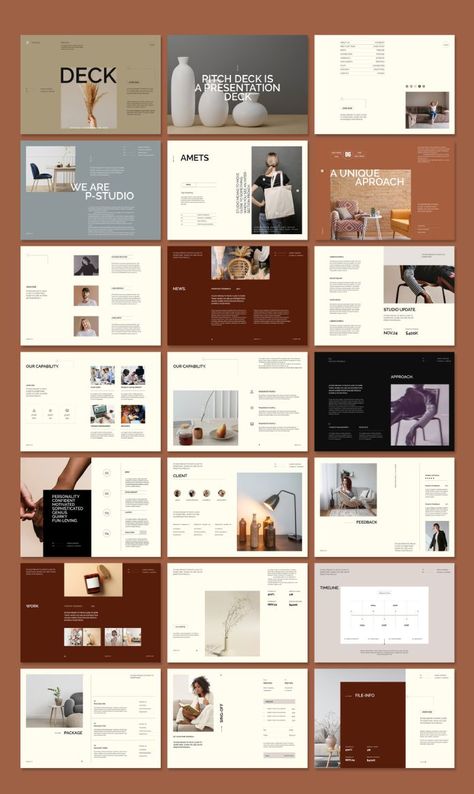 Download a Customizable Pitch Deck InDesign Template Pitch Deck Graphic Design, Photography Pitch Deck, Branding Pitch Deck, Investor Deck Design, Pitch Document Design, Fashion Pitch Deck, Presentation Deck Design, Pitch Deck Design Inspiration, Deck Graphic Design