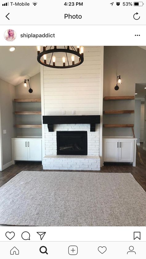 Shiplap fireplace with built ins and vaulted ceiling in living room #shiplapfireplace #shiplap Shiplap Fireplace With Built Ins, Fireplace With Built Ins, Built In Shelving, Living Room Built Ins, Shiplap Fireplace, Fireplace Built Ins, Farmhouse Fireplace, Room With Fireplace, Fireplace Remodel