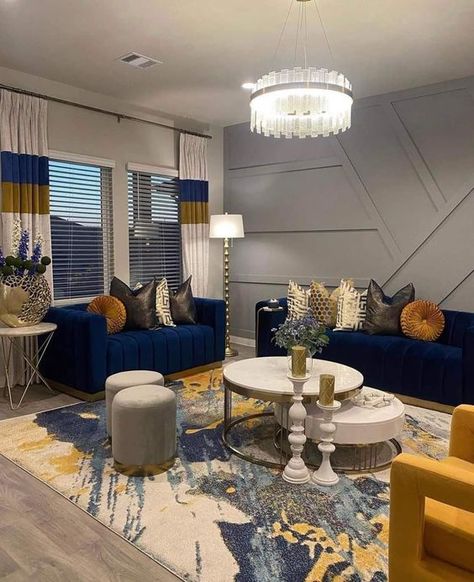 Blue And Gold Living Room, Yellow Decor Living Room, Gold Living Room Decor, Apartment Decorating Living, Gold Living, Luxury Living Room Decor, Classy Living Room, Blue Living Room Decor, Elegant Living Room Decor