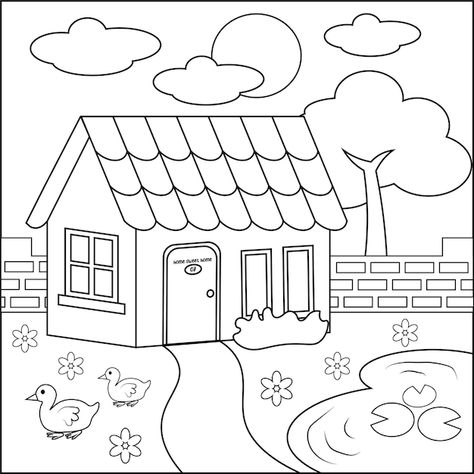 Vector hand drawn home outline kids colo... | Premium Vector #Freepik #vector #nature-doodle #doodle #doodle-illustration #plant-outline Drawing For Colouring Kids, Out Line Drawings Sketches, Houses Drawing Easy, Painting Worksheets For Kids, Home Drawing For Kids, Drawing Outlines Sketch, Home Drawing Sketches, Drawing Worksheets For Kids, Outlines Drawing