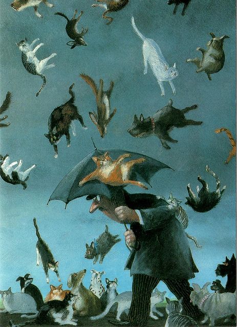 Gerhard Glück. Alemania  (it's raining cats, hallelujah it's raining cats... ;)  I just can't read it without sing it!!!!! Michael Sowa, Arte Gif, Arte Indie, Art Fantaisiste, Umbrella Art, Raining Cats And Dogs, Art Et Illustration, Ap Art, Cats Illustration