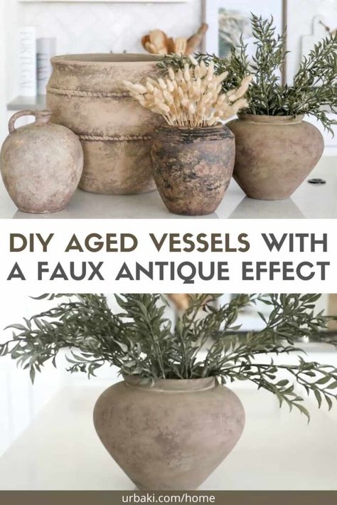 Are you ready to embark on a creative journey that will breathe new life into your home decor? Look no further than DIY aged vessels with a faux antique effect.rnrnWith just a few simple steps, you can transform ordinary vases into captivating pieces that exude charm and character.rnrnBest of all, this thrifty project is super affordable, incredibly enjoyable, and requires minimal effort. Get ready to unleash your inner artist and let your imagination run wild!rnrnThrift Flipping: The Art of... Antique Art In Bathroom, Decor Pots & Planters, Faux Aged Pottery, Diy Aged Vessel, Natural Pottery Ideas, Aged Vases Diy, Diy Old Vase, Upcycling Vases Ideas, Diy Stone Look Vase