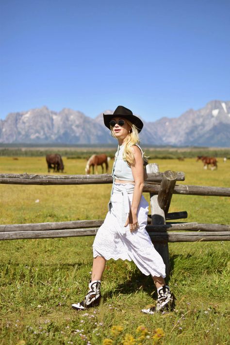 Everything I Wore in Jackson Hole, Wyoming • theStyleSafari Cowboy Hat Outfit Woman Summer, Jackson Hole Rodeo Outfit, Cowboy Hat Women Outfit, Outfits For Jackson Hole Summer, Jackson Wyoming Outfit, What To Wear In Jackson Hole Summer, Wyoming Summer Outfits, Jackson Hole Summer Outfit, Jackson Hole Wyoming Outfits