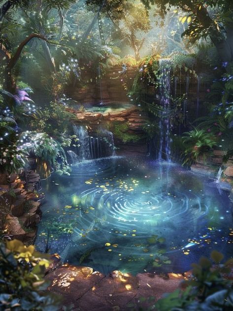 Fairy Magic Aesthetic, Magic Forest Aesthetic, Moonlit Waterfall, Waterfalls Aesthetic, Fairy Jungle, Magical Forest Aesthetic, Flowers Glowing, Magical Cave, Magic Waterfall