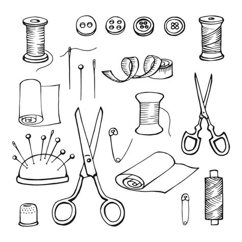 Hand drawn sewing tools. Thread, needle, pins, scissors, buttons. Vector illustration Embroidery Tools Drawing, Needle And Thread Tattoo Design, Sewing Machine Line Drawing, Thread Drawing Ideas, Sewing Drawing Art, Cute Items Drawing, Sewing Tattoo Ideas Simple, Sewing Needle Drawing, Sewing Tools Drawing