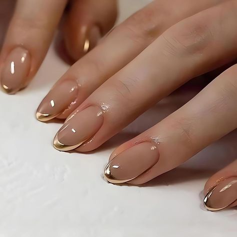 Amazon.com: Gold French Tip Press on Nails Almond Medium Length Fake Nails Golden French False Nail Tips Stick on Artificial Nails Glossy Full Cover Glue on Nails Medium False Nails with Designs for Women 24pcs : Beauty & Personal Care Colored Nail Tips, French Tip Press On Nails, Chrome Nails Designs, Nagel Tips, Nails For Women, Nail Forms, Nail Length, Stick On Nails, Nailed It