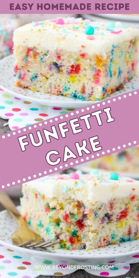 This Homemade Funfetti Cake takes just 20 minutes to prep. It's moist, dense, spongy, packed full of vanilla flavor and sprinkles, and topped off with light and creamy homemade vanilla buttercream frosting! Vanilla Funfetti Cake, Homemade Confetti Cake Recipes, Funfetti Homemade Cake, Best Homemade Funfetti Cake, Single Layer Funfetti Cake, How To Make Funfetti Cake, Diy Funfetti Cake Recipe, Filling For Funfetti Cake, Vanilla Confetti Cake