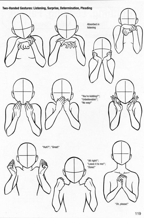 Two-Handed Gestures: Listening, Surprise, Determination, Pleading, positions, text; How to Draw Manga/Anime Drawing Hands, Hand Reference, Sketchbook Pages, Guided Drawing, Drawing Lessons, Drawing Tutorials, Art Tutorial, Drawing Base, Drawing Poses