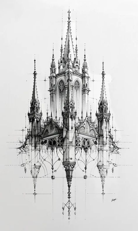 Gothic Architecture Reference, Gothic Tower Drawing, Medieval Architecture Drawing, Cathedral Tattoo Gothic, Drawing Ideas Gothic, Cologne Cathedral Drawing, Gothic Cathedral Drawing, Gothic Architecture Sketch, Detailed Art Drawings