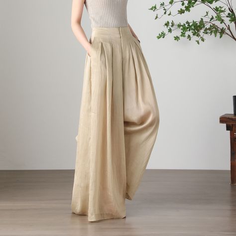 "Cool and comfortable for hot summer days, this apricot wide leg pants is elegant and stylish.    It is a wonderful wardrobe staple that's a timeless classic you'll wear again and again.  All our items are Tailored and Handmade and Made to Order ,I can make Any Size . I design new styles every week, please collect my store. I believe that you will meet your favorite styles. ★★FEATURES Tencel flax Has lining Two side pockets Front zipper closure Wide leg pants Apricot pants Casual pants Long pant Cool Pants Design, Stylish Pants Design, Oversized Linen Pants, A Line Pants, Wide Leg Linen Pants Outfit, Linen Pants Plus Size, Kimono Pants, Pantalon Thai, Flax Pants