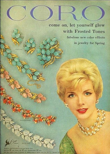 Vintage Coro ad from Sarah Plummer 1950s Jewelry Style, 50s Jewelry, 1950s Jewelry, Coro Jewelry, Jewelry Ads, Vintage Makeup, Vintage Jewels, Vintage Costume Jewelry, Vintage Jewellery