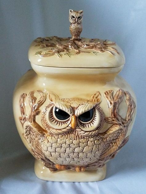 vintage CANISTER/BISCUIT/COOKIE JAR ceramic container OWL | #1925477518 Owl Cookie Jar, Jar Ceramic, Vintage Canisters, Biscuit Cookies, Vintage Owl, Cookie Jars, Cookie Jar, Canisters, Owls