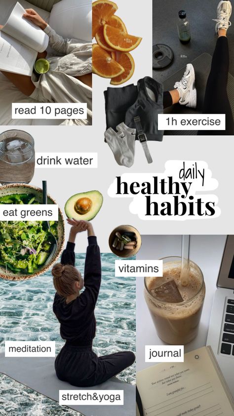 this #healthy #habits will change your life #selfcare #aesthetic #collageart #vanillagirl #cleangirl #vibes #wallpaper #beauty #green #meditation #yoga #stretch #fyp #mood #books #vintage #nature Gym Outfit Inspo, Healthy Habits Motivation, Fitness Vision Board, Vision Board Manifestation, Vision Board Inspiration, Healthy Lifestyle Motivation, Healthy Girl, Healthy Lifestyle Inspiration, Please Follow Me