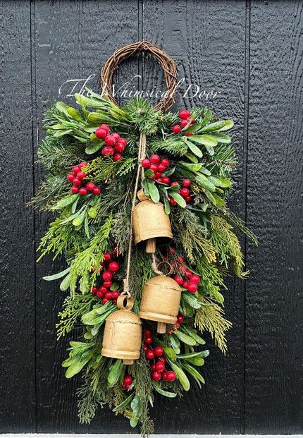 Whimsical Door, Fresh Christmas Wreath, Winter Greens, Mistletoe Christmas, Cottage Wreath, Christmas Swag, Sense Of Purpose, Swag Wreath, Christmas Front Doors