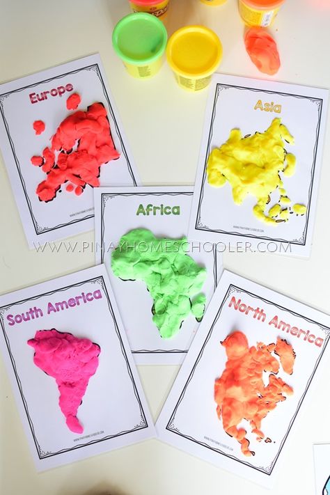 World Continents Activity Using Playdough Continent Study Kindergarten, Social Studies Activities For Kindergarten, All Around The World Preschool Activities, Geography Lessons Preschool, Geography Crafts For Preschoolers, Continent Activities For Preschool, Continents Ks1, Teaching Continents Kindergarten, Continent Preschool Activities