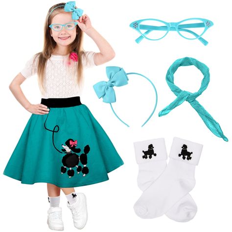 PRICES MAY VARY. 50s Costume Accessories:Package includes 1 x 50s Girls Poodle Skirt; 1 x Bobby Socks;1 x Chiffon Scarf; 1 x Cat Eye Glasses;1 x Headband; Fabric&Design:The poodle skirt is made of wool felt fabric,which is a kind of traditional fabric used to make poodle skirts.These bobby socks with embroidery applique poodle provide optimum comfort with style wherever one might go Size:It comes in 2 different sizes, including 4/6 (X-small), 7/12 (Small). Make A Fantastic Gift Idea: Every girl 100 Days Of School Costume, Girls 100 Days Of School, Girls Poodle Skirt, Poodle Skirts, 50s Costume, 1950s Costume, Bobby Socks, School Costume, Wool Felt Fabric