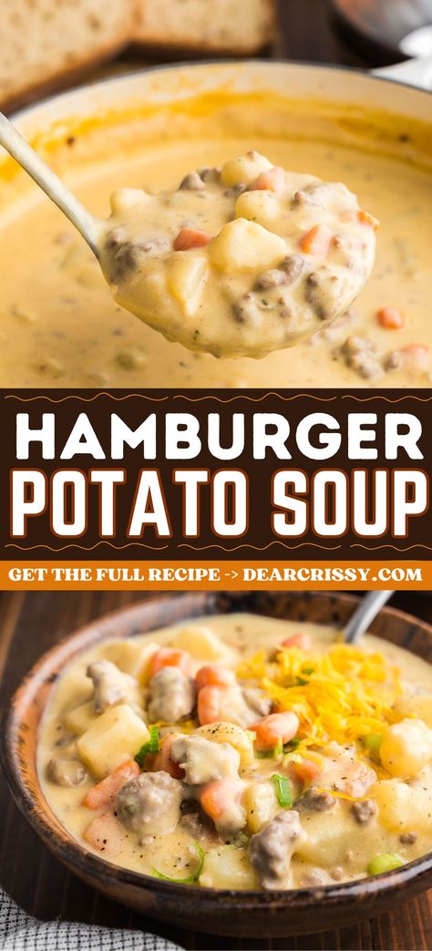 My Creamy Hamburger Potato Soup Recipe is an easy dinner idea that is made with tender potatoes, hearty ground beef, and Velveeta Cheese. This recipe is a delicious dinner for busy weeknights. Jimmy Dean Potato Soup, Red Potato Soup Recipes Crock Pot, Ground Beef In Soup, Cheesy Steak And Potato Soup, Hamburger Quick Meals, Things To Make With Ground Beef Dinners, Hamburger Comfort Food Recipes, Subway Potato Soup Recipe, Dinner With Ground Beef And Potatoes