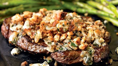 Blue Cheese Crusted Steak, Steak Toppers, Steak Entrees, Crusted Steak Recipe, Steak Tenderloin, Courtney Williams, Crusted Steak, Steak Dinner Sides, Steak With Blue Cheese