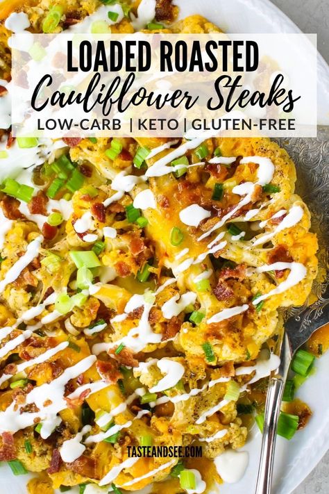 These Loaded Roasted Cauliflower Steaks are out-of-this-world delicious! They're like a loaded baked potato without all the carbs! Thick slices of roasted cauliflower topped with cheese, bacon, green onion, and sour cream. A hearty and satisfying low-carb and gluten-free recipe. Loaded Roasted Cauliflower, Keto Cauliflower Steak Recipes, Baked Sliced Cauliflower Recipes, Cheese Cauliflower Steak, Healthy Cauliflower Steaks, Cauliflower Slices Roasted, Roast Cauliflower Steaks, Cauliflower Steak Meal Ideas, Loaded Cauliflower Steaks