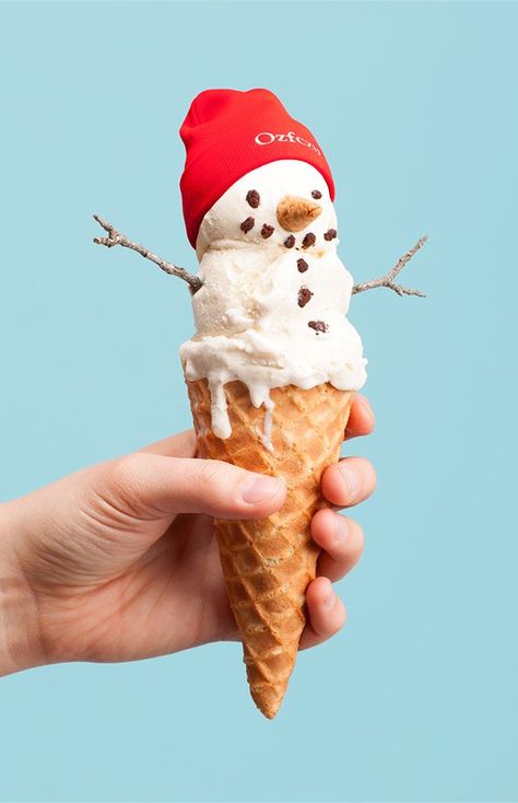 Snowman Ice Cream Cone use a JOY waffle cone! #bringJOYhome  www.joycone.com Christmas Food Photography, Christmas Ice Cream, Holiday Ice Cream, Ice Cream Photography, Ice Cream Design, Xmas Food, Ice Ice Baby, Frosty The Snowmen, Ice Cream Shop