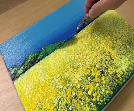 Field Of Yellow Flowers Painting, Yellow Flowers Painting, Acrylic Painting Techniques, Flower Field, Painting Techniques, Yellow Flowers, Blue Sky, Flower Painting, Acrylic Painting