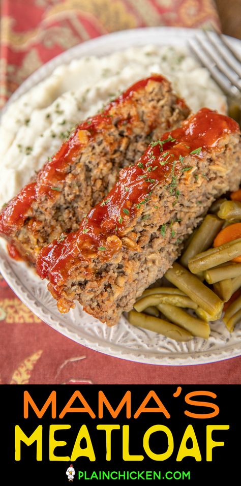 Mama's Meatloaf - the BEST meatloaf recipe! Even meatloaf haters will LOVE Mama's Meatloaf! SO easy and tastes great! Ground beef, egg, oats, onion, salt, pepper, sage, Worcestershire sauce, and milk. Top with a mixture of ketchup, brown sugar, dry mustard, and lemon juice. Use gluten-free oats and Worcestershire sauce if desired. Serve with mashed potatoes and green beans and it is comfort food at its best! Leftovers are great in a sandwich.  #meatloaf #comfortfood #groundbeef Gluten Free Worcestershire Sauce, Stuffing Meatloaf, Stove Top Stuffing Meatloaf, The Best Meatloaf Recipe, Meatloaf Sauce, Best Meatloaf Recipe, The Best Meatloaf, Chili And Cornbread, Good Meatloaf Recipe