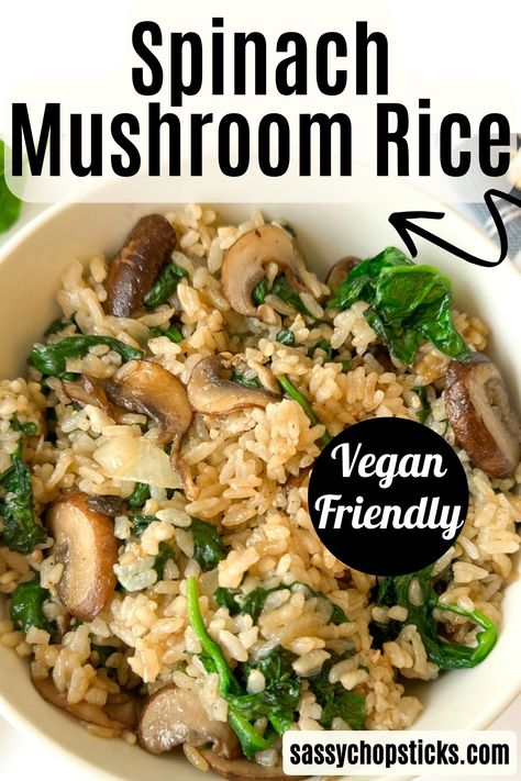 This spinach mushroom rice recipe is easy to prepare, bursting with flavors, and offers a nutritious twist to regular rice dishes. Mushroom With Rice Recipes, Mushroom And Spinach Rice, Vegetarian Dishes With Rice, Vegan Rice Side Dishes, Spinach Mushroom Rice Recipes, Easy Vegan Mushroom Recipes, Rice With Spinach Recipe, Spinach Rice Recipe Easy, Plant Based Rice Recipes