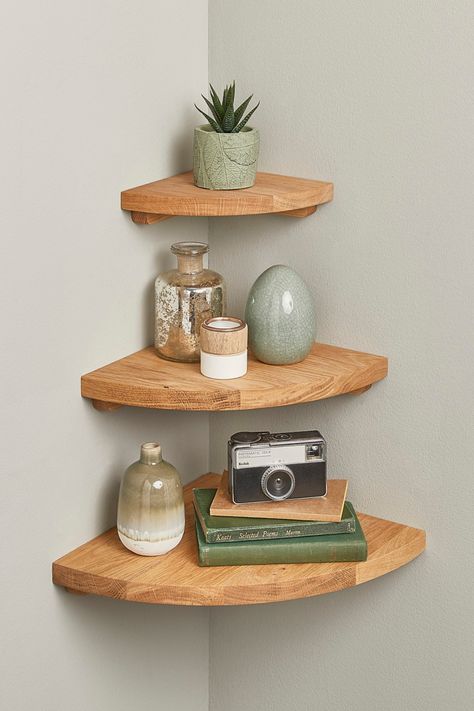 Solid Oak Corner Shelves Corner Shelf Decor, Float Shelf, Corner Shelf Ideas, Corner Shelf Design, Wood Corner Shelves, Wall Mounted Corner Shelves, Floating Corner Shelves, Corner Wall Shelves, Corner Decor