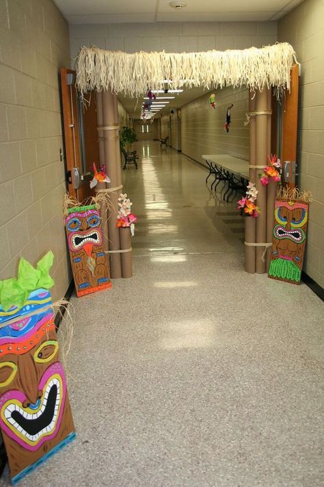 carpet tubes, tikis out of cardboard, straw grass top awning....perfect for entry back drop.  . Hawai Party, Luau Dance, Survivor Party, Luau Ideas, Luau Decorations, Luau Party Ideas, Hawaiian Party Theme, Hawaii Theme, Luau Party Decorations