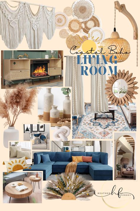 Step into a coastal boho paradise with this beautifully decorated living room inspo! Soft, sandy hues blend seamlessly with natural textures and earthy blue and orange accents, creating a serene and inviting space perfect for relaxing and unwinding. The perfect blend of laid-back vibes and beachy charm. Get inspired to bring a touch of coastal boho style into your own home with this dreamy living room decor idea. #coastalboho #livingroomdecor #bohemiandecor Blue And Orange Boho Living Room, Boho Blue Living Room, Beachy Boho Living Room, Boho Coastal Living Rooms, Blue Boho Living Room, Coastal Boho Living Room, Decorated Living Room, Earthy Blue, Dreamy Living Room