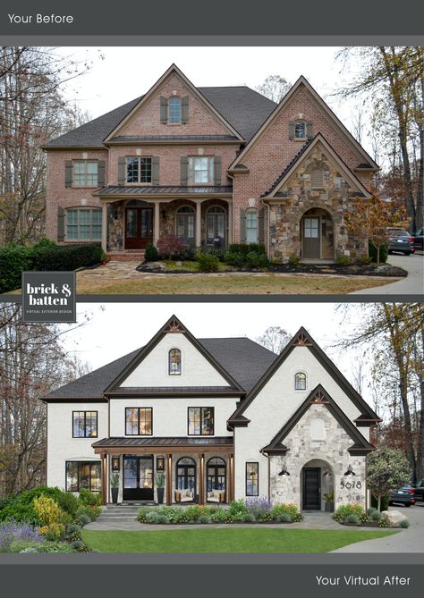 14 Limewash Brick House Before and After Photos - brick&batten Limewash Brick Exterior Tudor, Tudor Remodel Exterior Before And After, Exterior Update Before And After, Stone For Front Of House, Limewash Brick Exterior Before And After, Limewash Brick House, Limewash Exterior, Limewash Brick Exterior, Limewash Brick