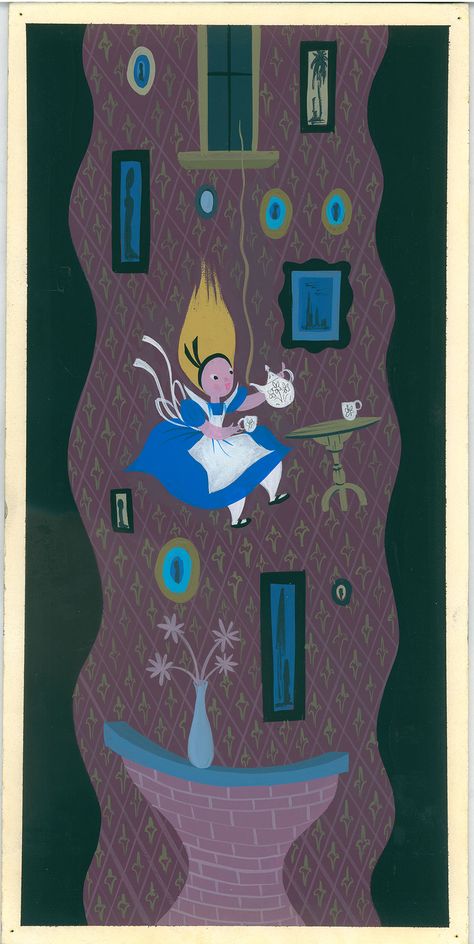 Mary Blair, "Visual development of Alice falling down rabbit hole" for "Alice in Wonderland," 1951, gouache on paperboard. (Courtesy Walt Disney Family Foundation / Eric Carle Museum of Picture Book Art) Concept Art Disney, Mary Blair Illustration, Mary Blair Art, It’s A Small World, Alice In Wonderland 1951, Mary Blair, Disney Artists, Disney Concept Art, Walt Disney Studios