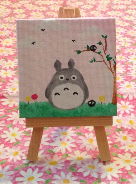 Totoro Drawing Watercolor, My Neighbor Totoro Painting Easy, Studio Ghibli Painting Ideas Easy, Painting Ideas On Canvas Studio Ghibli, Totoro Painting Easy, Studio Ghibli Mini Painting, Studio Ghibli Easy Painting, Studio Ghibli Painting Watercolor, Totoro Canvas Painting