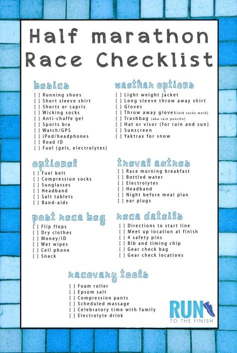 Half Marathon Checklist - plus tips for your best race Marathon Checklist, Half Marathon Prep, Marathon Preparation, Half Marathon Tips, Marathon Prep, Disney Half Marathon, Marathon Motivation, Marathon Tips, Half Marathon Training Plan