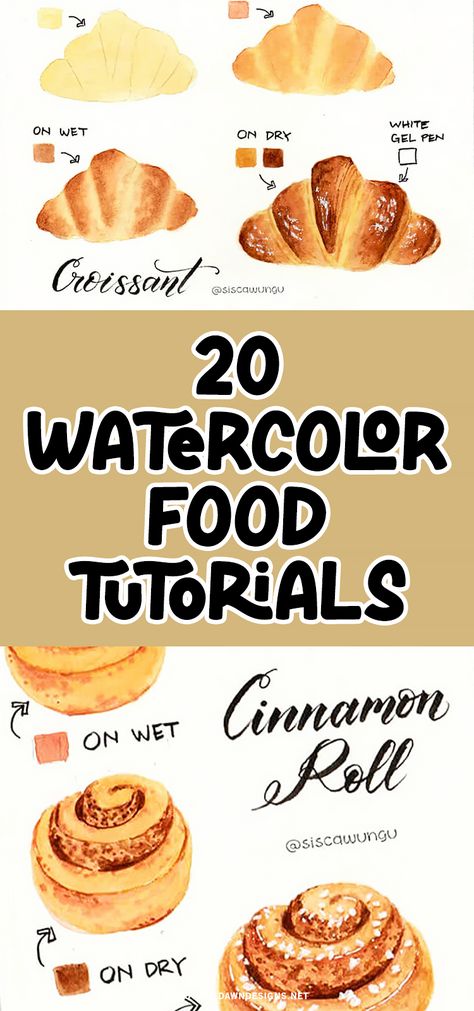 Learn how to paint mouthwatering croissants and cinnamon rolls with these adorable watercolor tutorials! Perfect for beginners and experienced artists alike. You'll also learn how to paint other food and dessert items like ice cream cones, cupcakes, fruit, and more. Watercolor Cinnamon Roll, Food Recipes Drawing Art, How To Draw A Croissant Step By Step, Step By Step Food Drawings, Dessert Painting Easy, Food Art Watercolor, Watercolor Cookies Tutorial, Food Illustration Art Creative, Watercolor Baking Art