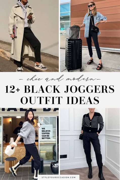 Wondering how to style black sweatpants or black joggers? This list of black joggers outfits for women has it all - casual, comfy, dressy, for work, going out, street style, and looks for spring, summer, fall, and winter. Get a chic aesthetic with these modern black jogger outfit ideas and black leather joggers outfits. Womens Joggers Outfit Winter, Black Dress Joggers Outfit, Chic Jogger Pants Outfit, Jogger Black Pants Outfit, Black Joggers Street Style, Cargo Joggers Outfits Women Work, Jogger Outfits Dressy, Jogger Style Women, Dressy Comfy Outfits