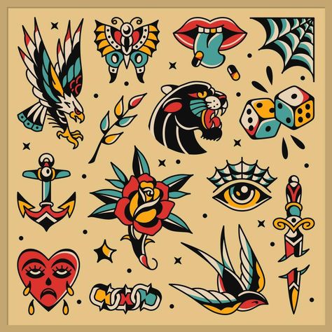 Mini Traditional Tattoo Flash, American Traditional Background, Cute Traditional Tattoo Flash, Simple Traditional Tattoo Flash, Dainty Traditional Tattoos, Old Tattoos Vintage, Trad Gap Filler Tattoos, Mini Traditional Tattoo, Small Traditional Flash