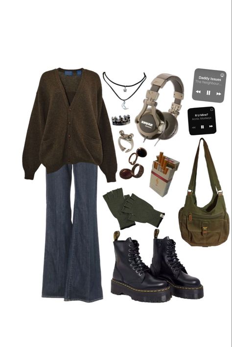 Thrift Shop Outfit, Grunge Cardigan, Grunge Fits, Outfit Grunge, Emo Y2k, Downtown Outfits, Earthy Outfits, Diy Vetement, Y2k Goth