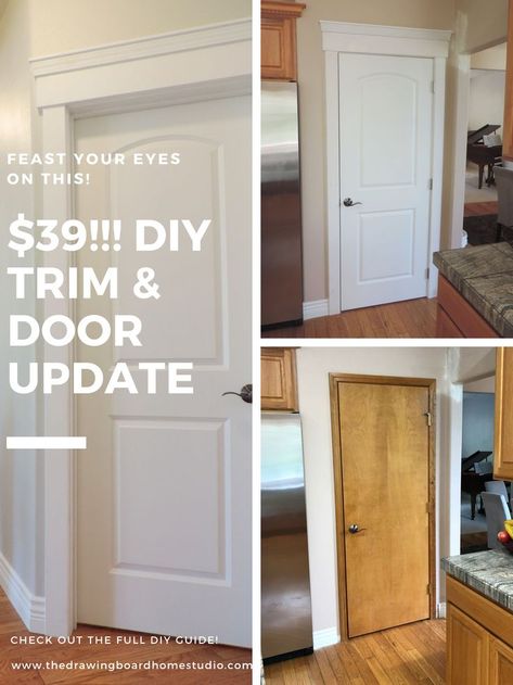 Replacing Interior Doors And Trim, Diy Wood Door Makeover, How To Change Trim In House, Changing Trim In House, Updating Door Frames, Replacing Doors Interior, Update Doors Interior Diy, Updating Oak Trim And Doors, How To Change Door Trim