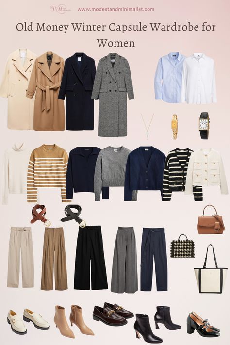 Preppy Capsule Wardrobe Winter, Old Money Outfit Essentials, Old Money Aesthetic Capsule Wardrobe, Capsule Wardrobe Old Money Style, Basic Old Money Outfits, Preppy Modest Outfits, Quiet Luxury Capsule Wardrobe, Old Money Wardrobe Essentials, Old Money Capsule Wardrobe