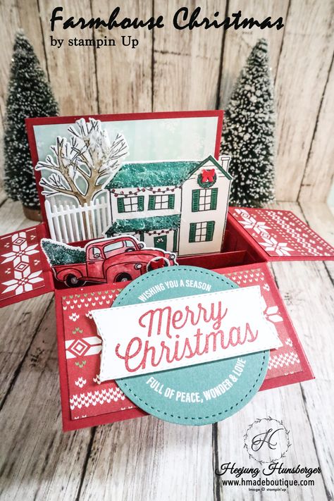 I always wanted to try to make a card in a box with Farmhouse Christmas stamp set. This card in a box is always good for display. People who recived… Farmhouse Christmas Cards, Christmas Cards Stampin Up, Truck Cards, Christmas Cards 2018, Create Christmas Cards, Pop Up Box Cards, Holiday Box, Gift Card Boxes, Stampin Up Christmas Cards