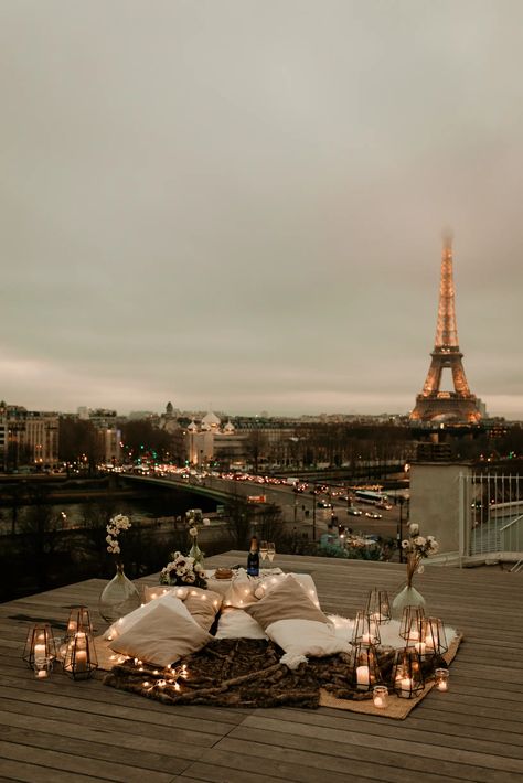 Luxury Romance Aesthetic, Rooftop Aesthetic Night Couple, Paris Romance Aesthetic, Paris Aesthetics, Private Rooftop, Paris Romance, Night Paris, Paris Engagement, Paris Honeymoon