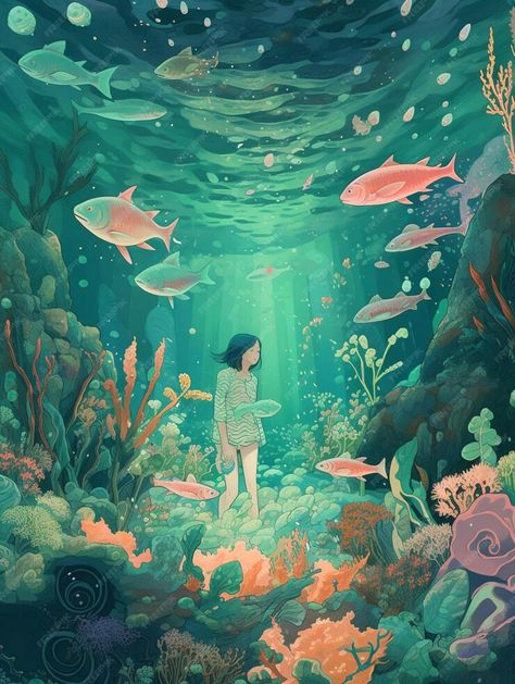 Premium AI Image | A woman in a green dress stands in an underwater world with fish and a fish swimming around her. Surreal Underwater Art, Drawing Underwater Scenes, Underwater Fish Drawing, Blue Reference Photo, Half Underwater Art, Underwater Art Reference, Gouache Underwater, Fish Underwater Drawing, Under Water Illustrations