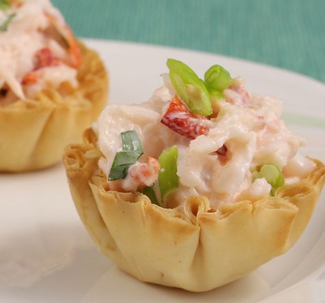 Lobster Roll Phyllo Bites Mini Lobster Rolls Appetizers, Lobster Bites Appetizers, Lobster Appetizers Appetizer Ideas, Lobster Bites, Lobster Appetizers, Phyllo Bites, Cooked Lobster, Lobster Fest, Athens Food