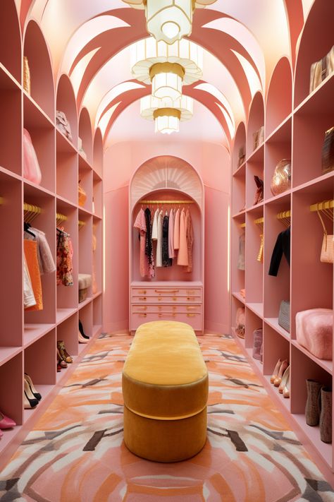 Round Closet, Ladies Walk In Closet, Pink Walk In Closet Ideas, Barbiecore Closet, Pink Closet Room, Colourful Closet, Colorful Closet Interior, Colorful Walk In Closet, Bold Closet Color