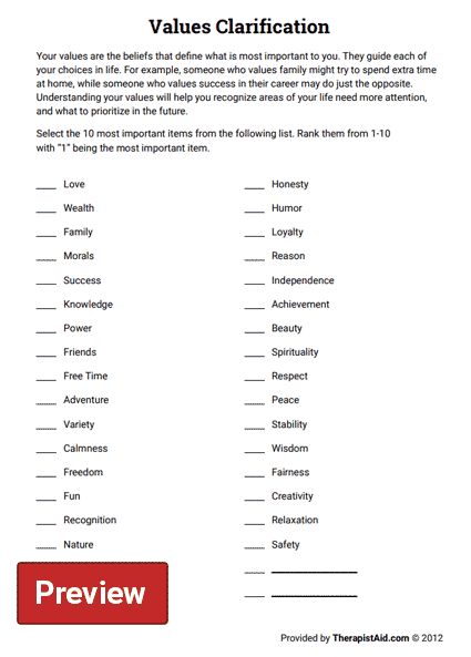 Values Clarification (Worksheet) | Therapist Aid Acceptance And Commitment Therapy Values, Value Clarification Activities, Values Clarification Worksheet, Values Clarification Activities, Acceptance And Commitment Therapy Worksheets, Lgbtq Therapy, Values Exploration, Values Activities, Values Activity