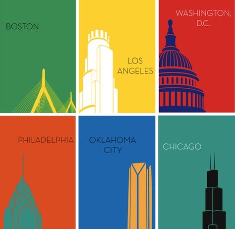 Boldly-Colored, Minimalist City Posters Featuring Iconic Urban Structures - DesignTAXI.com City Posters, Travel Journal Cover, Wpa Posters, Urban Design Graphics, Travel Sketchbook, Forums Design, Travel Wallpaper, Learning Graphic Design, Chicago City