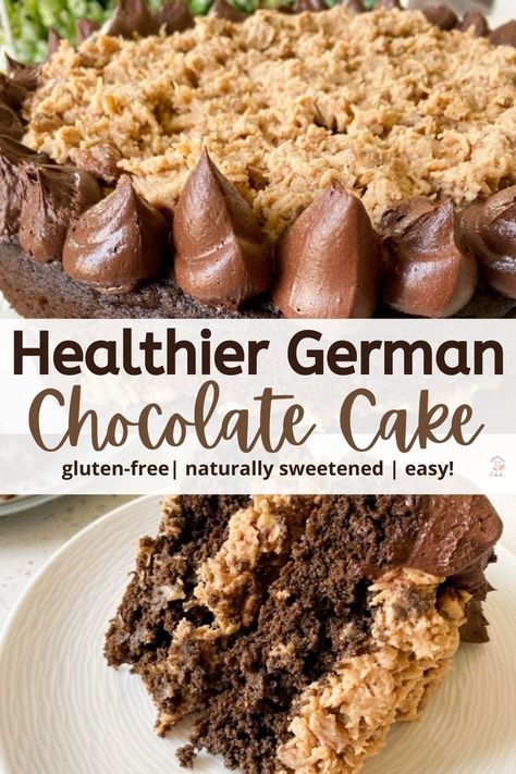 gluten-free German chocolate cake Sugar Free German Chocolate Cake, German Chocolate Cake Easy, Gluten Free German Chocolate Cake, German Chocolate Cake Recipe, Gluten Free Carrot Cake, Sugar Free Cake, Gluten Free Pie, Cake Easy, German Chocolate Cake