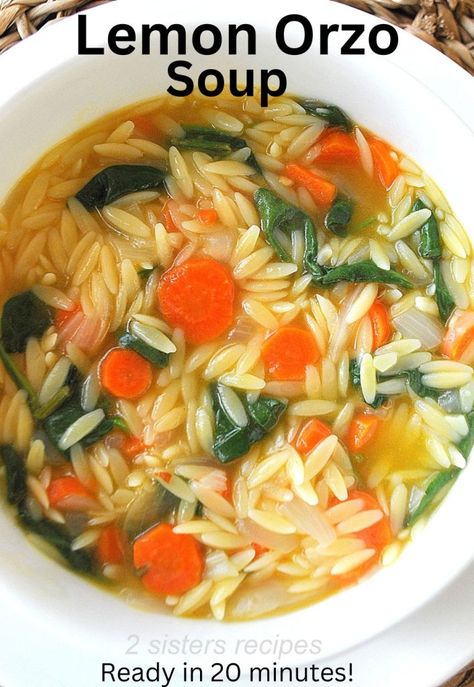 Lemon Orzo Soup by 2sistersrecipes.com Lemon Garlic Orzo Soup, Lemony Orzo Soup, Lemon Soup Vegetarian, Lemon Spinach Orzo Soup, Lemon Orzo Soup Vegetarian, Lemon Vegetable Soup, Orzo Spinach Soup, Vegetable Soup With Orzo, Vegetarian Orzo Soup